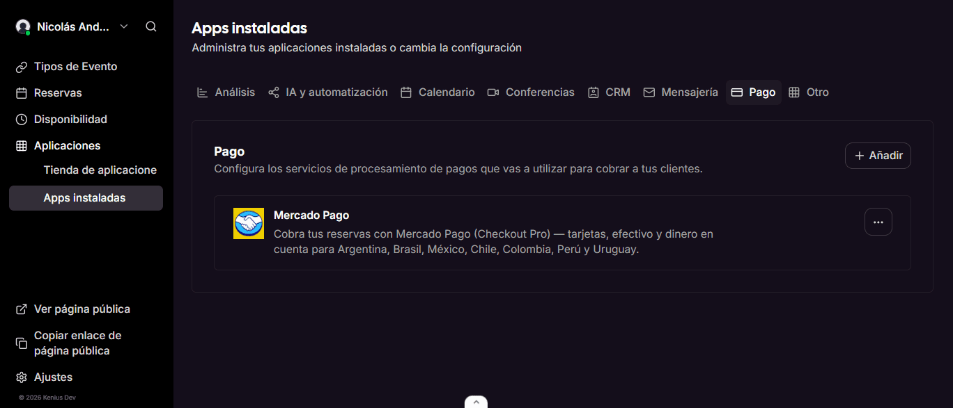 Mercado Pago instalado como método de cobro de las reservas