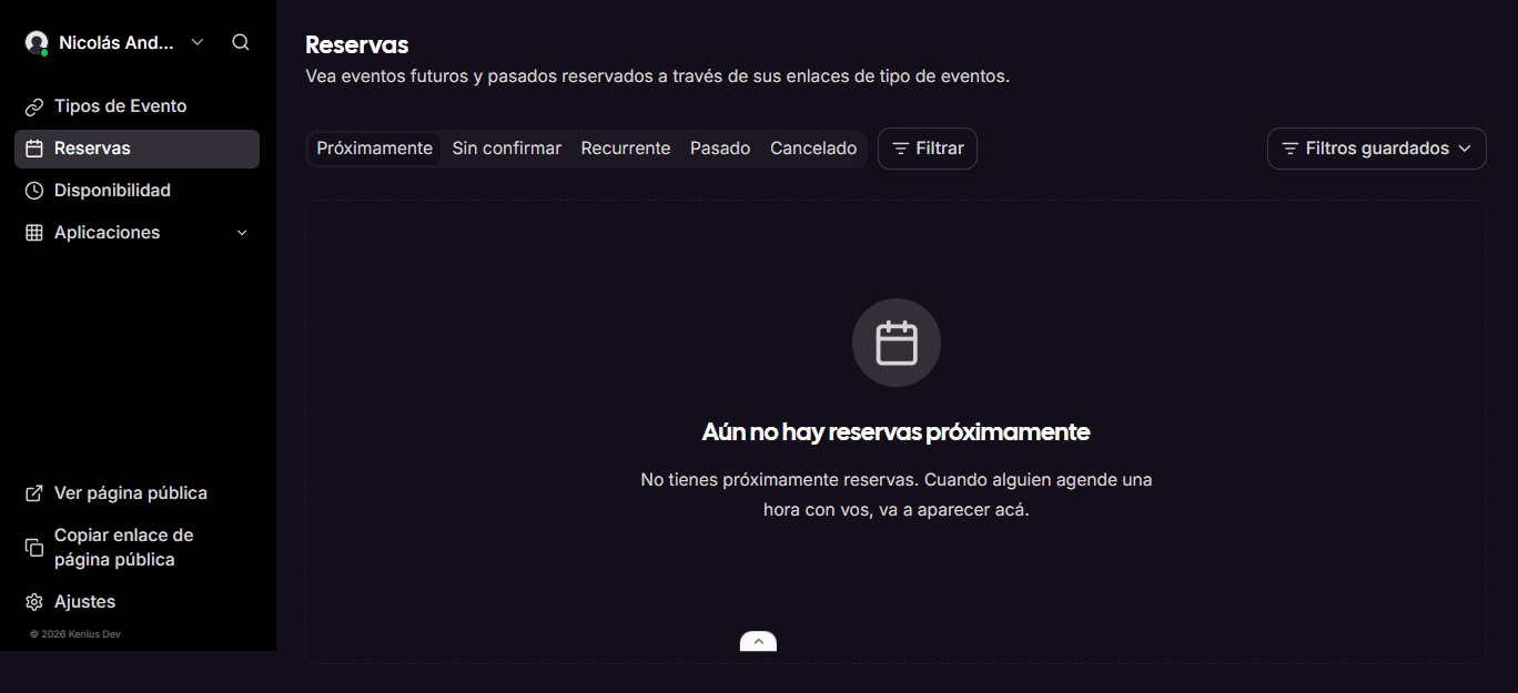 Panel de reservas: próximas, sin confirmar, recurrentes y canceladas