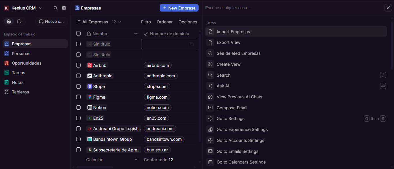 Buscador y paleta de comandos (Ctrl+K) para llegar a cualquier acción